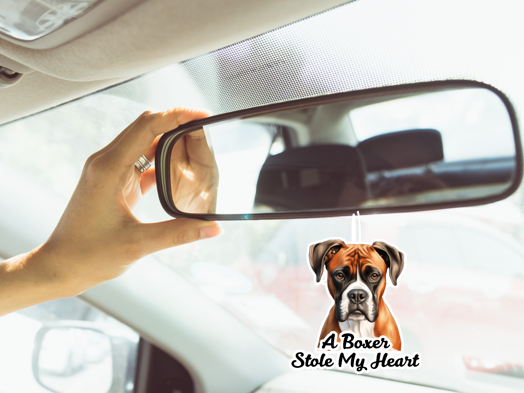 Double sided dog breed car air freshener hanging from rearview mirror in natural paper — view 5