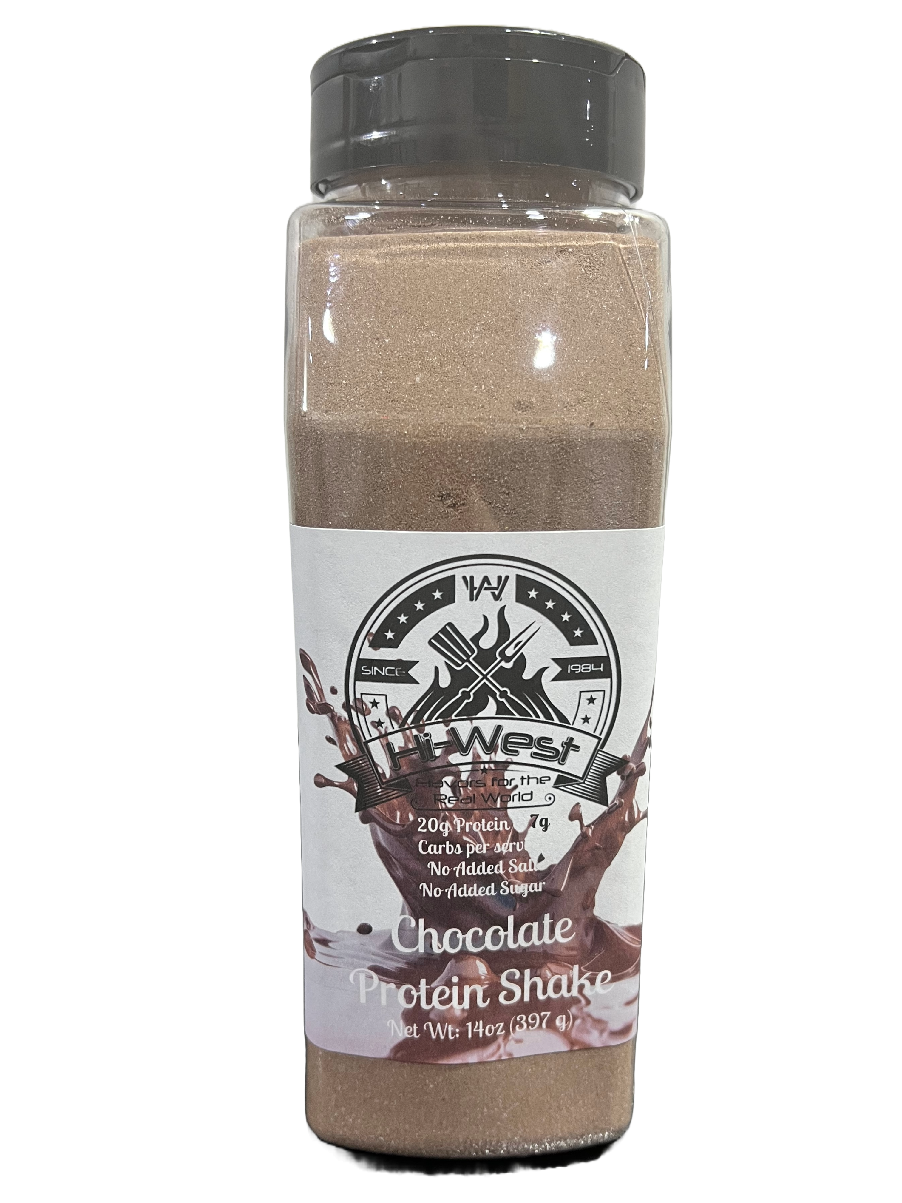 Hi-West chocolate protein shake beverage in a branded container for daily workout recovery
