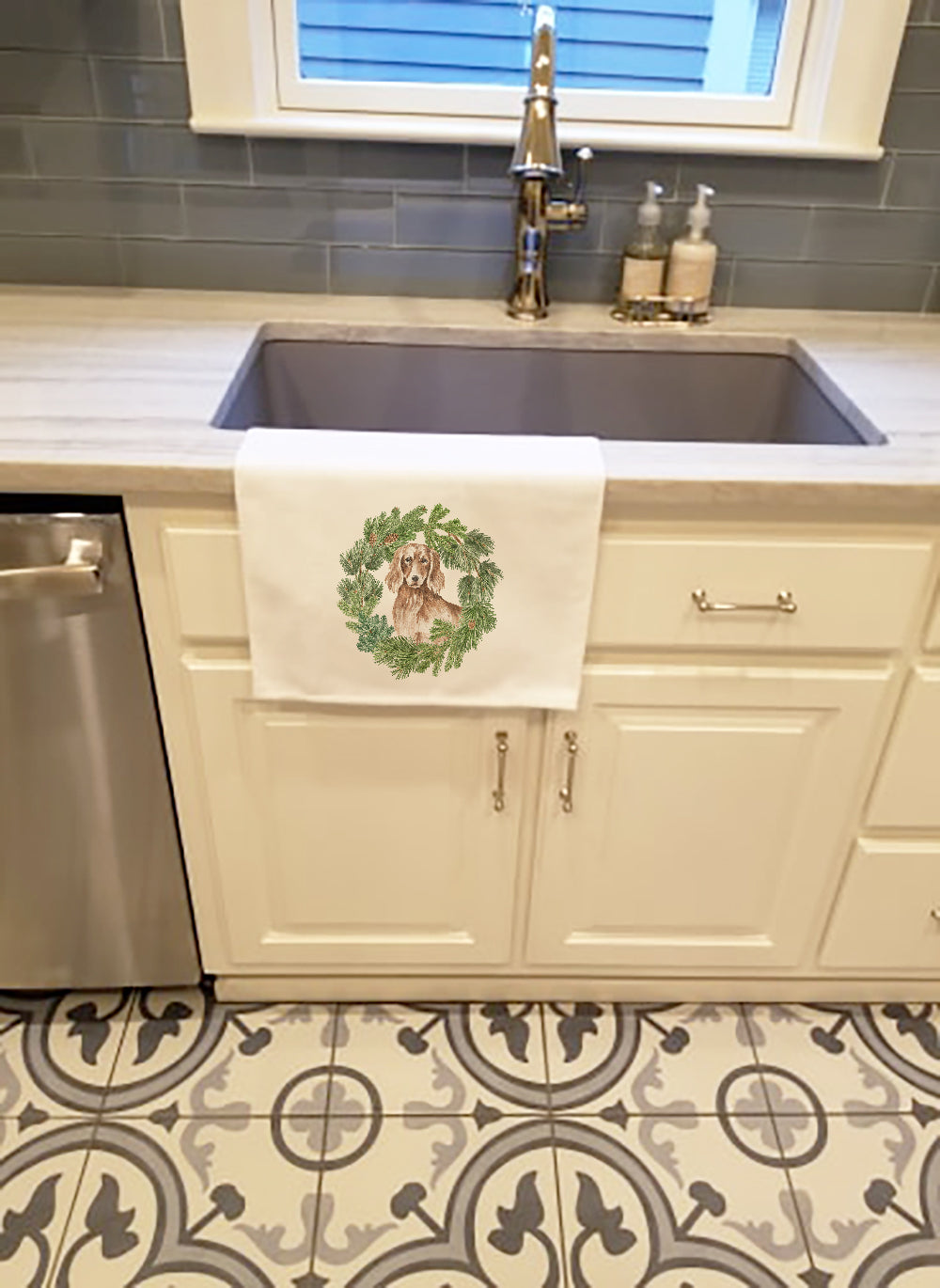 Dachshund Red Longhaired Christmas Wreath Kitchen Towel Set of 2-1