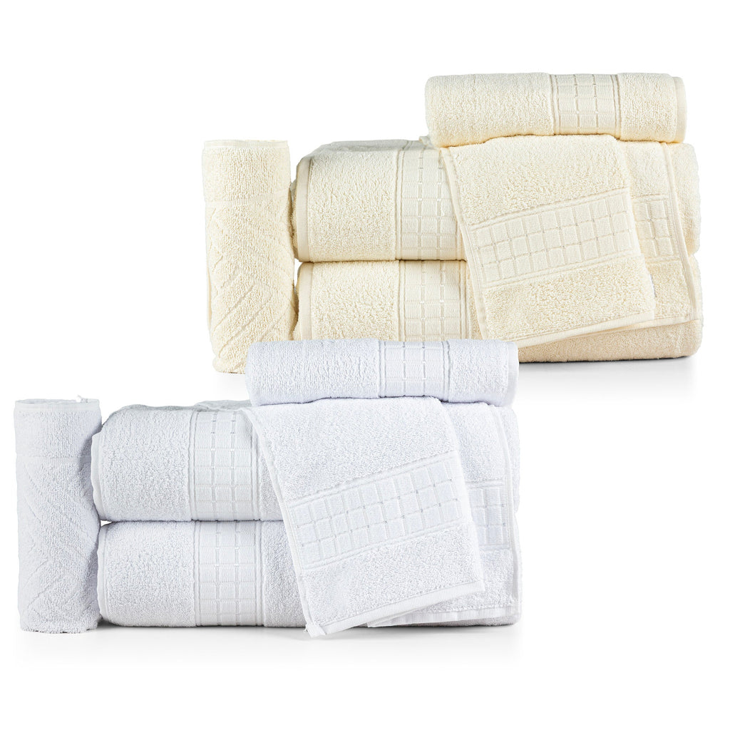 5-piece white cotton towel set featuring bath towels, hand towels, and one plush bath mat