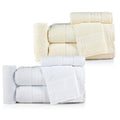 5-piece white cotton towel set featuring bath towels, hand towels, and one plush bath mat