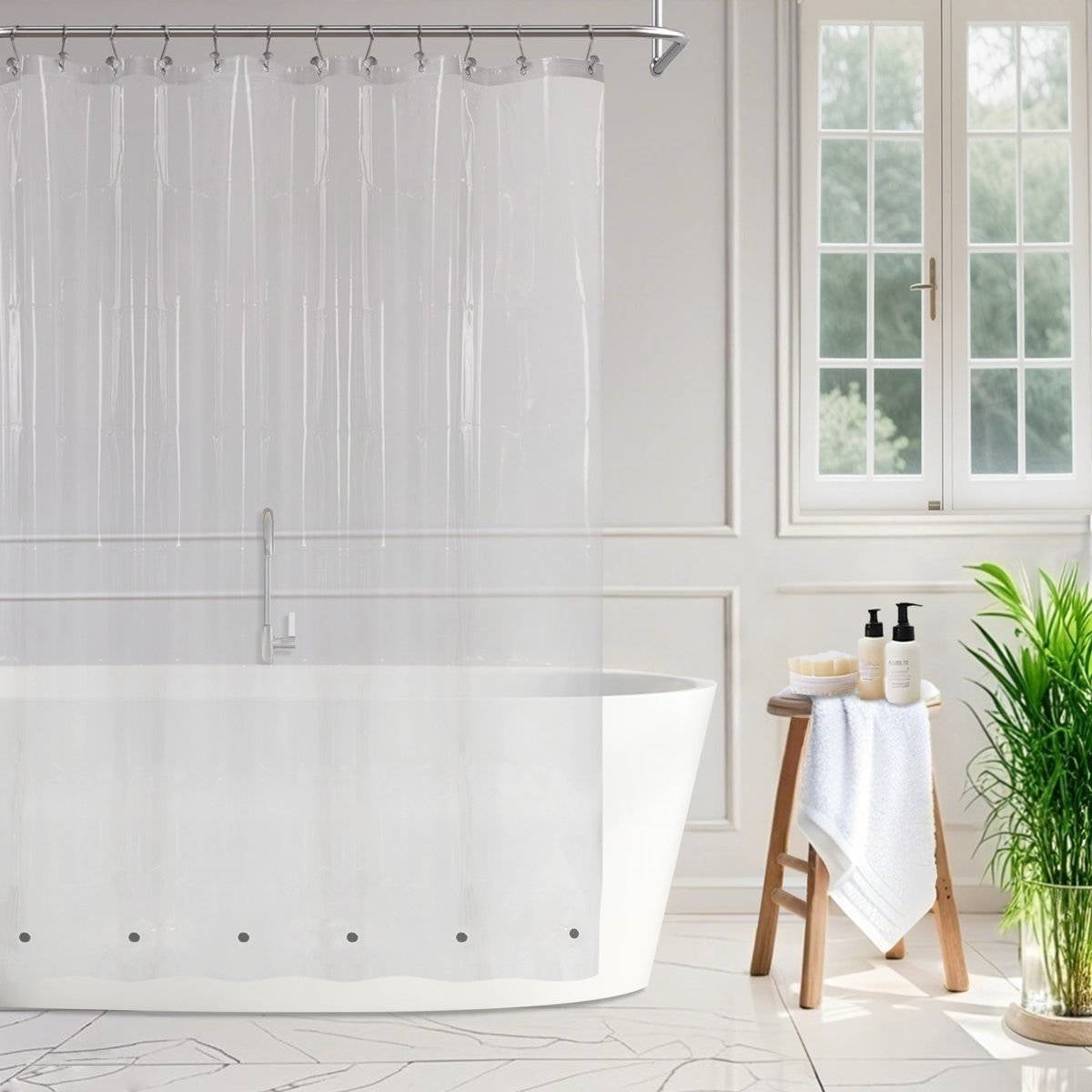 Extra long clear PEVA waterproof shower curtain liner with magnetic bottom hem and metal grommets