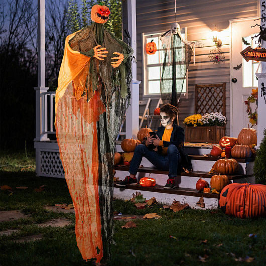 6-foot hanging pumpkin ghost decoration with glowing red LED eyes, poseable arms, and flowing black robe — view 2