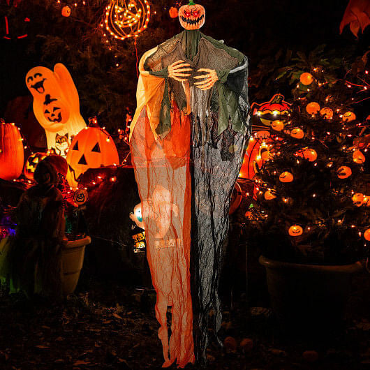 6-foot hanging pumpkin ghost decoration with glowing red LED eyes, poseable arms, and flowing black robe — view 4