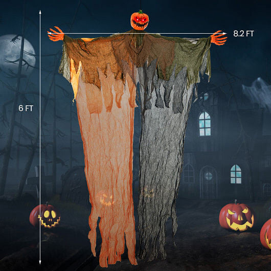 6-foot hanging pumpkin ghost decoration with glowing red LED eyes, poseable arms, and flowing black robe — view 5