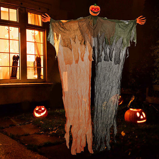 6-foot hanging pumpkin ghost decoration with glowing red LED eyes, poseable arms, and flowing black robe — view 3