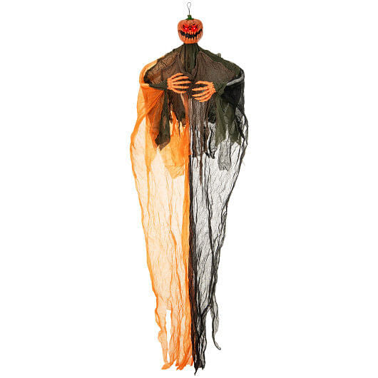 6-foot hanging pumpkin ghost decoration with glowing red LED eyes, poseable arms, and flowing black robe