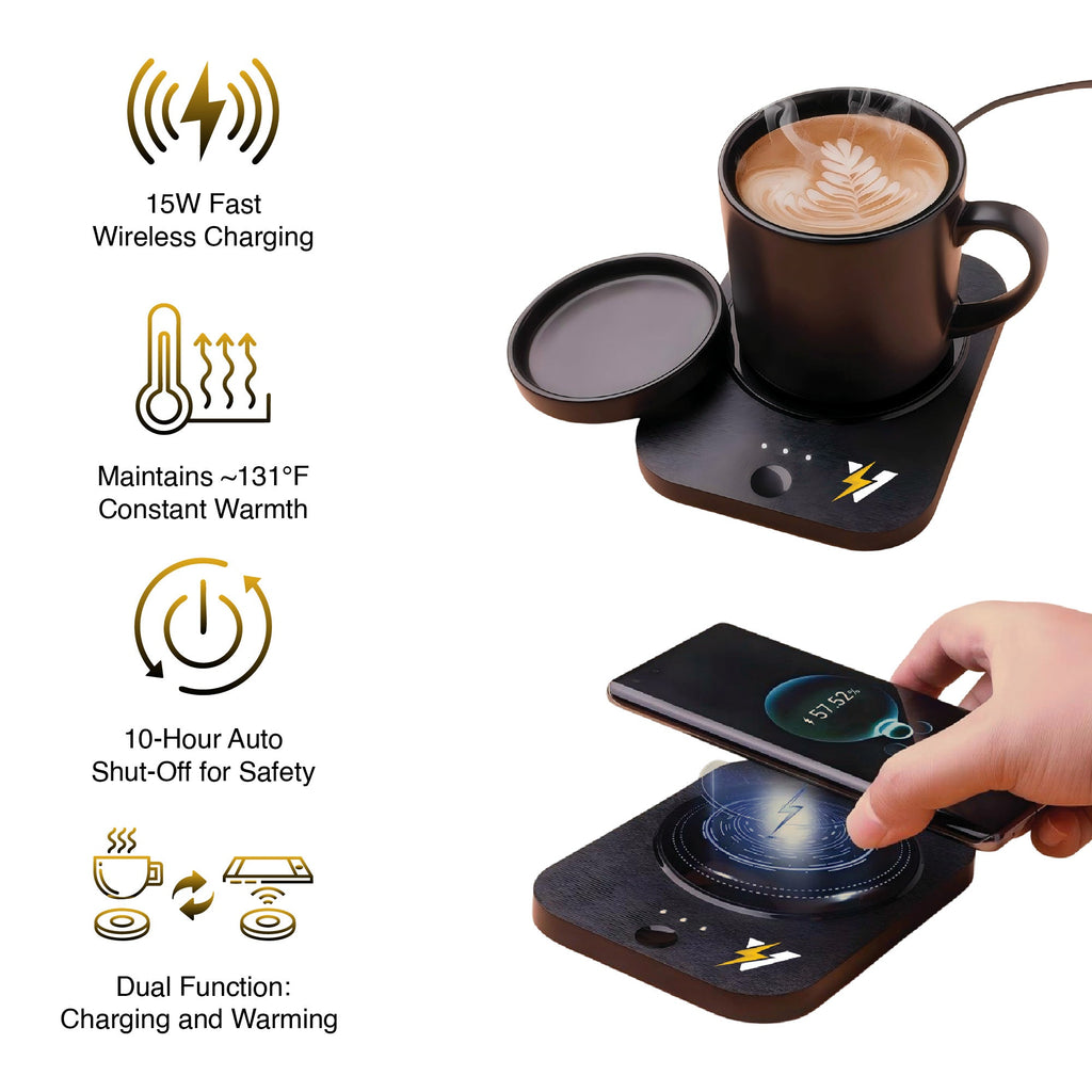 Multifunctional tech bundle featuring a folding wireless charging station, digital alarm clock, and heated mug warmer — view 5