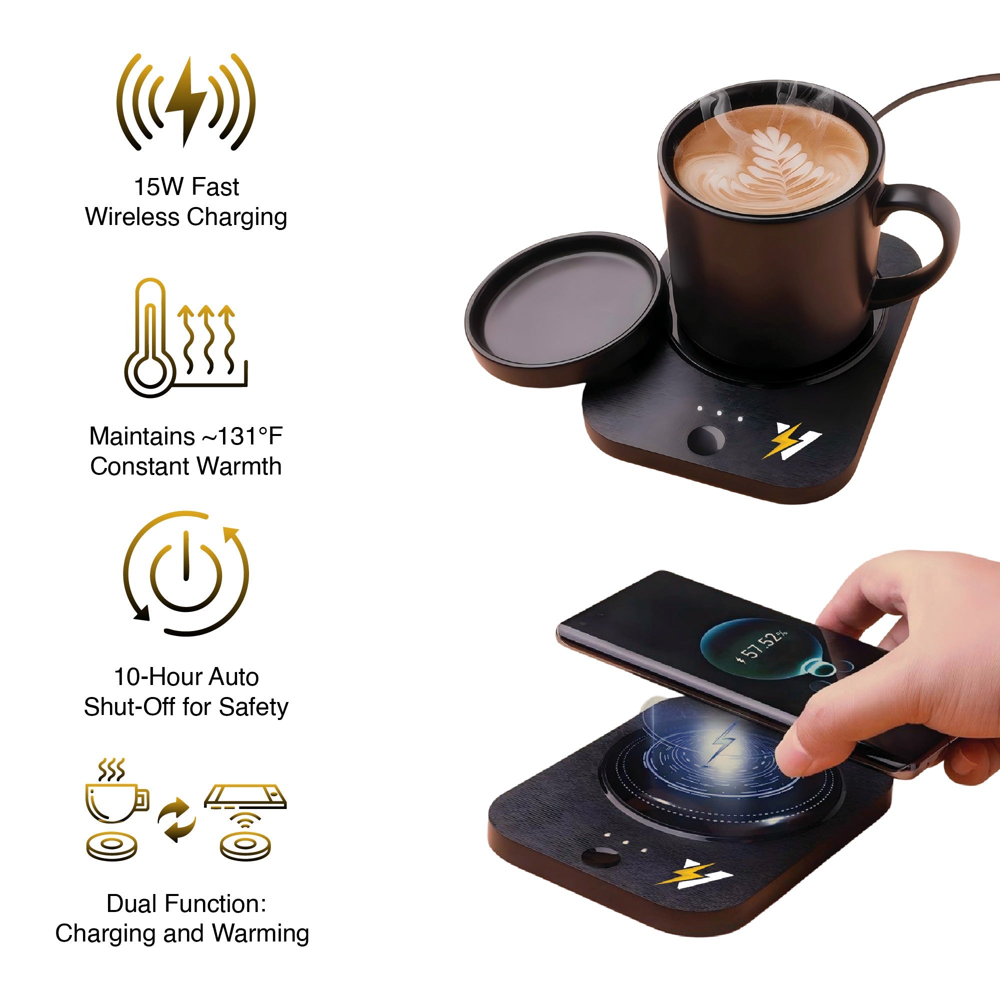 Multifunctional tech bundle featuring a folding wireless charging station, digital alarm clock, and heated mug warmer — view 5
