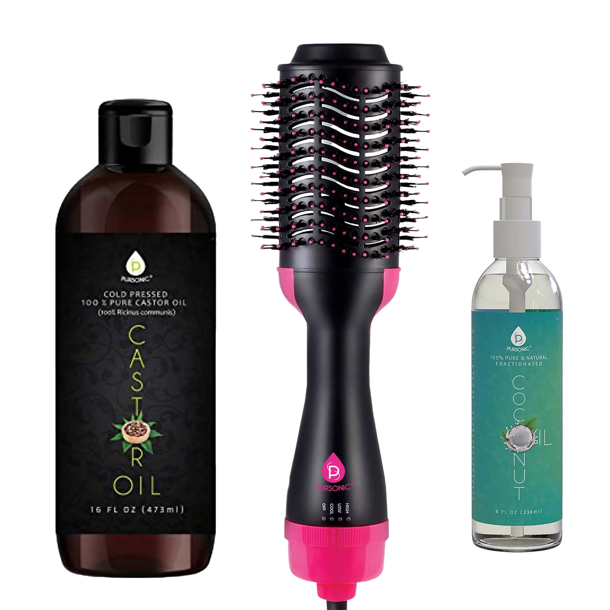 Hair strengthening bundle with hot air brush, fractionated coconut oil, and cold-pressed castor oil