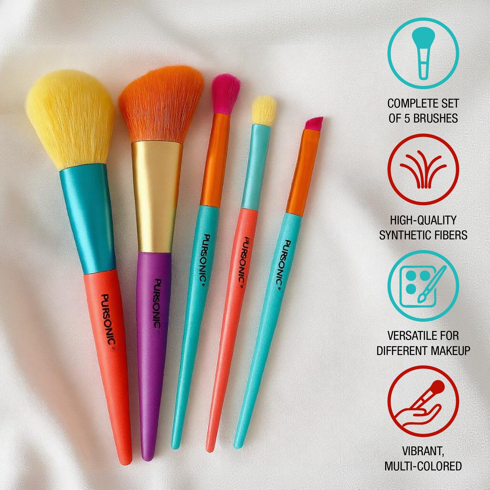 Pursonic Studio makeup brush set with five multi-colored synthetic bristle brushes for face and eyes — view 2