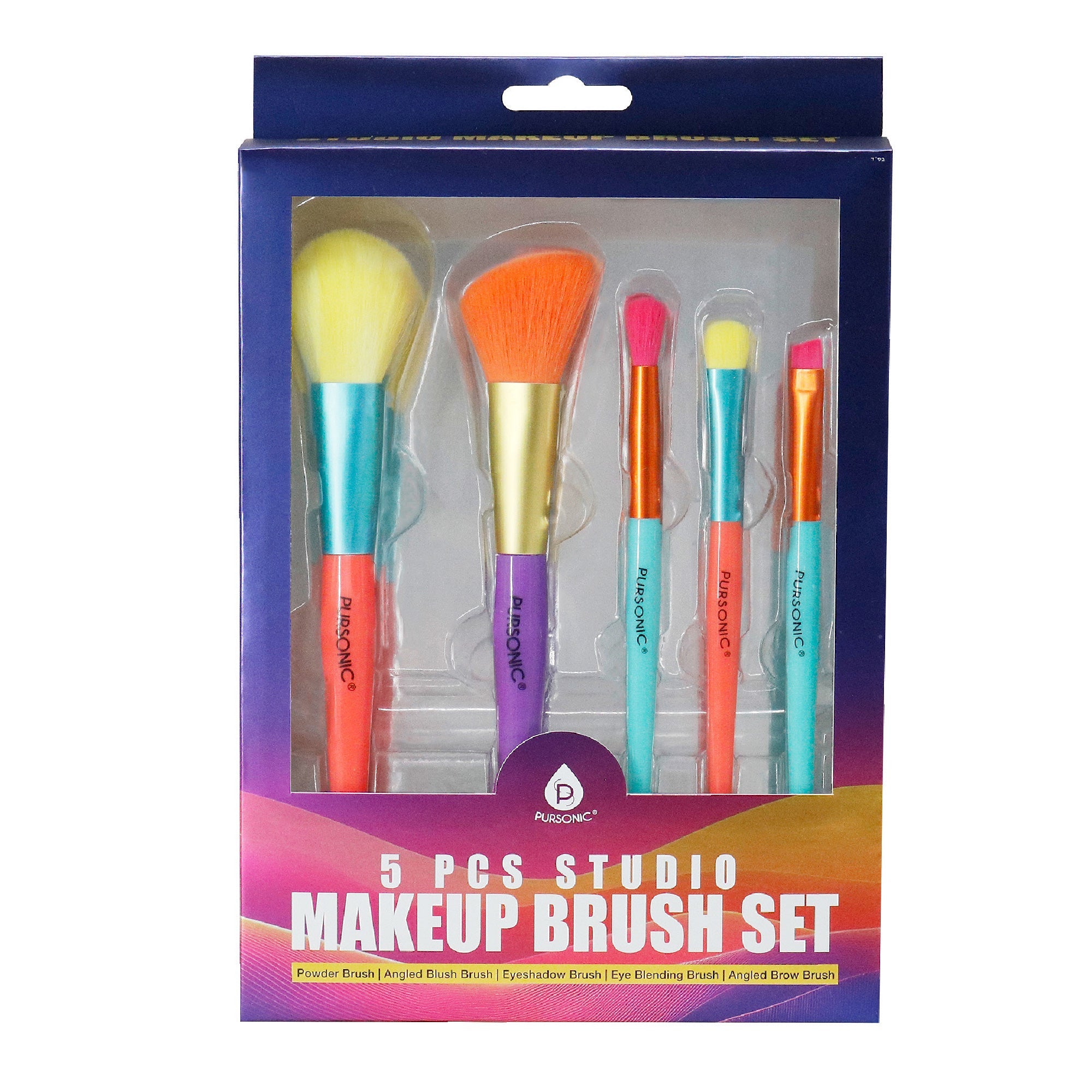 Pursonic Studio makeup brush set with five multi-colored synthetic bristle brushes for face and eyes — view 5