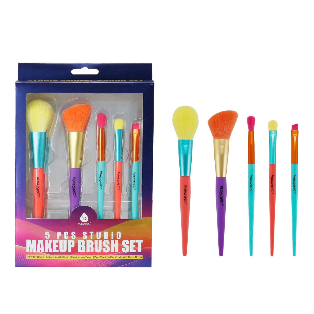 Pursonic Studio makeup brush set with five multi-colored synthetic bristle brushes for face and eyes