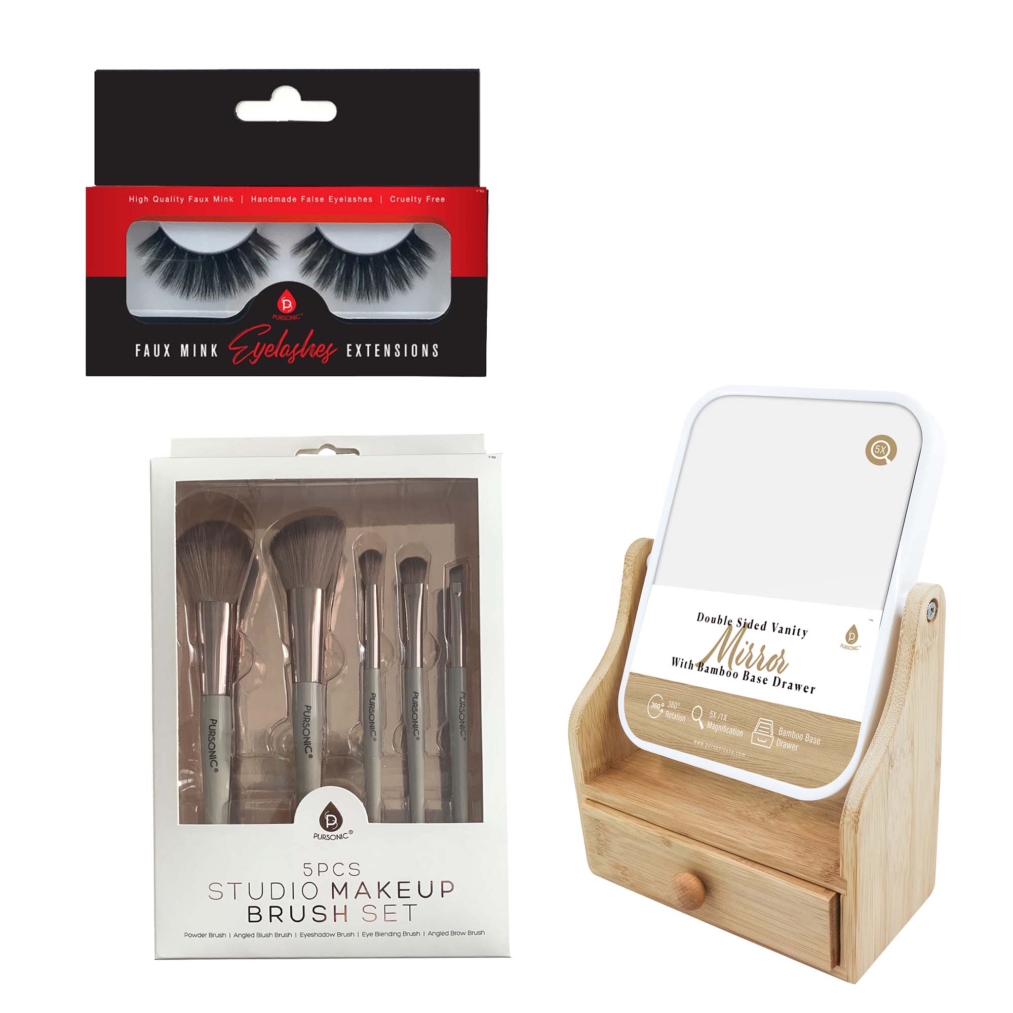 Glamour essentials beauty bundle featuring rose gold makeup brushes, false eyelashes, and bamboo vanity mirror