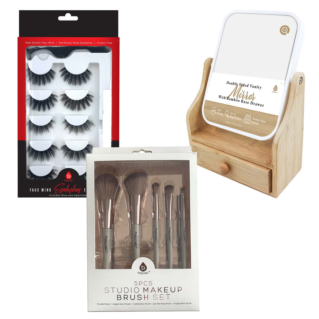 Glamour essentials beauty bundle featuring rose gold makeup brushes, false eyelashes, and bamboo vanity mirror — view 5