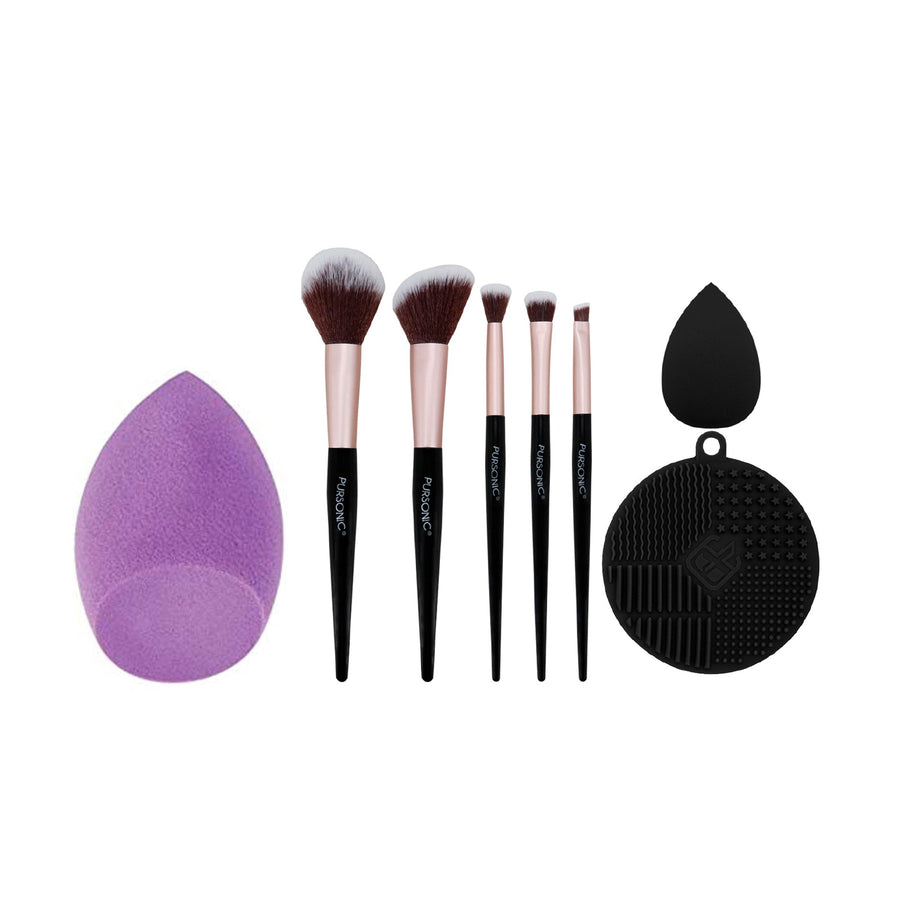 8-Piece Pro Makeup Application Set – 7 Brushes + Blending Sponge