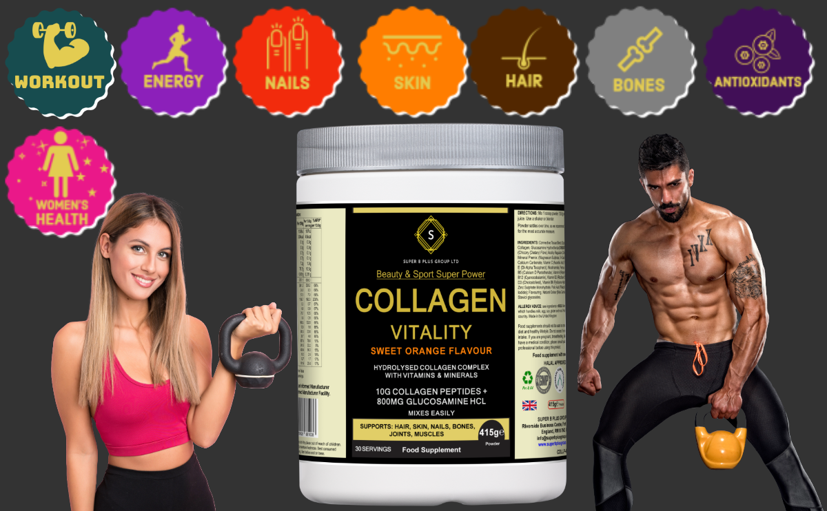 Tub of sweet orange Collagen Vitality supplement powder for joint and beauty support. — view 5