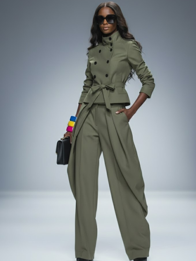 Matte olive green Columbus Park women's jacket with structured high collar and military chest flap pockets — view 2