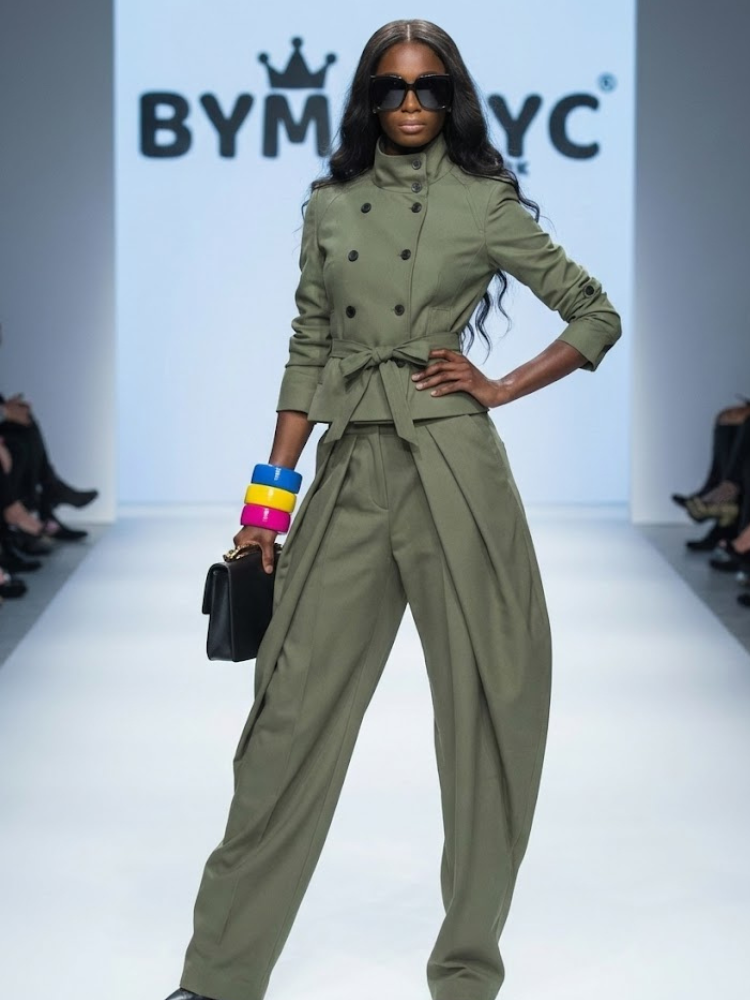 Matte olive green Columbus Park women's jacket with structured high collar and military chest flap pockets — view 3