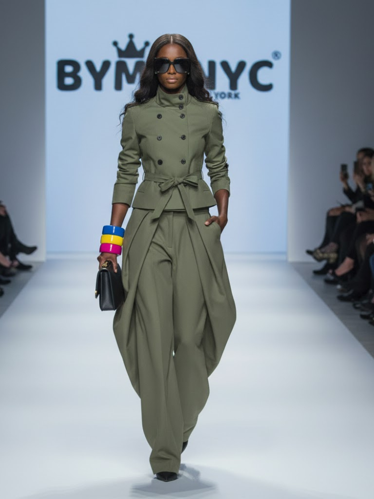 Matte olive green Columbus Park women's jacket with structured high collar and military chest flap pockets