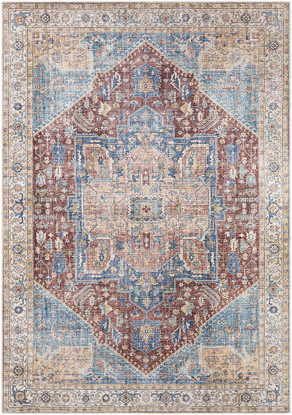 Traditional washable runner rug in blue and brick red flatweave with distressed medallion pattern