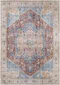 Traditional washable runner rug in blue and brick red flatweave with distressed medallion pattern