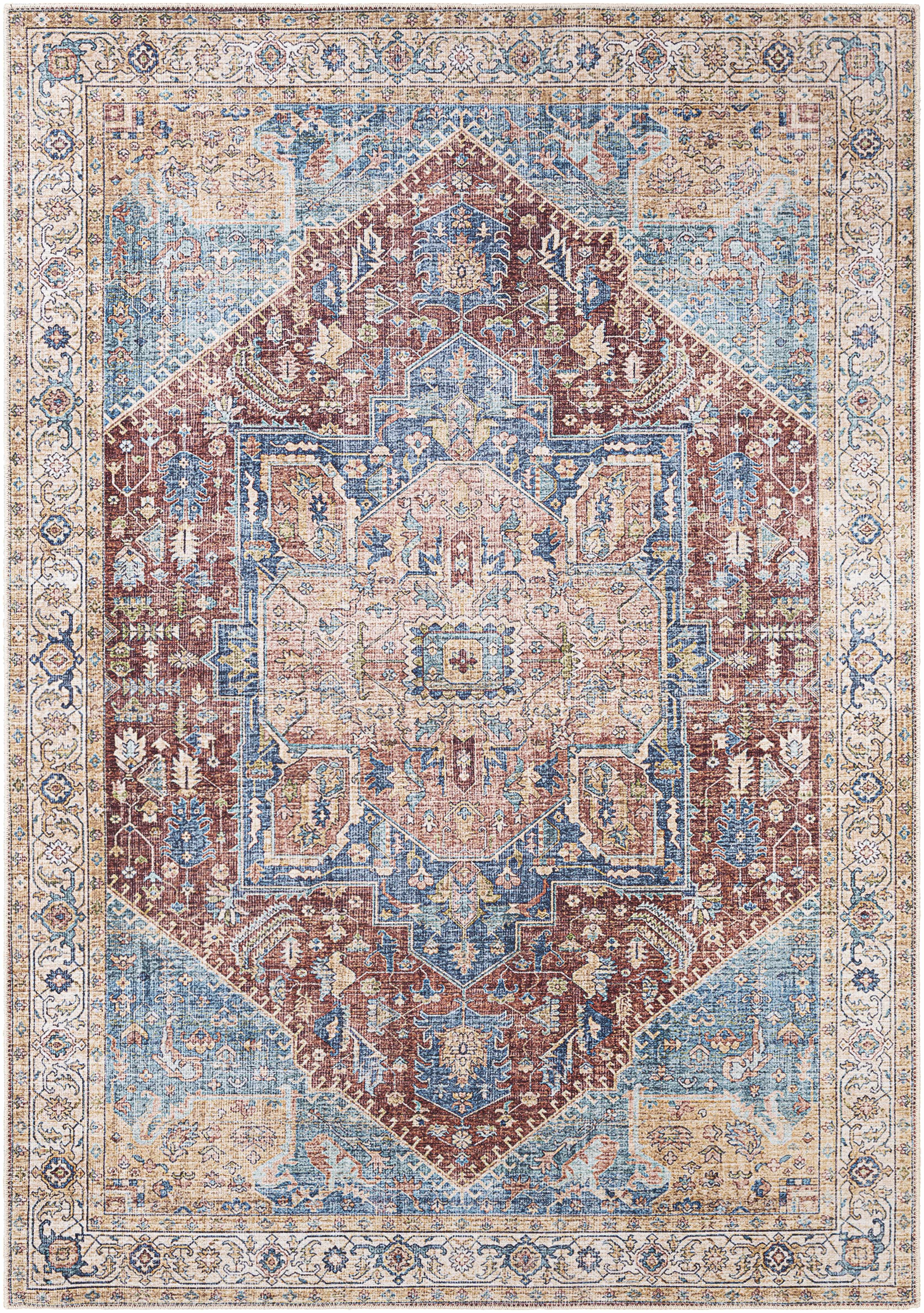 Traditional washable runner rug in blue and brick red flatweave with distressed medallion pattern