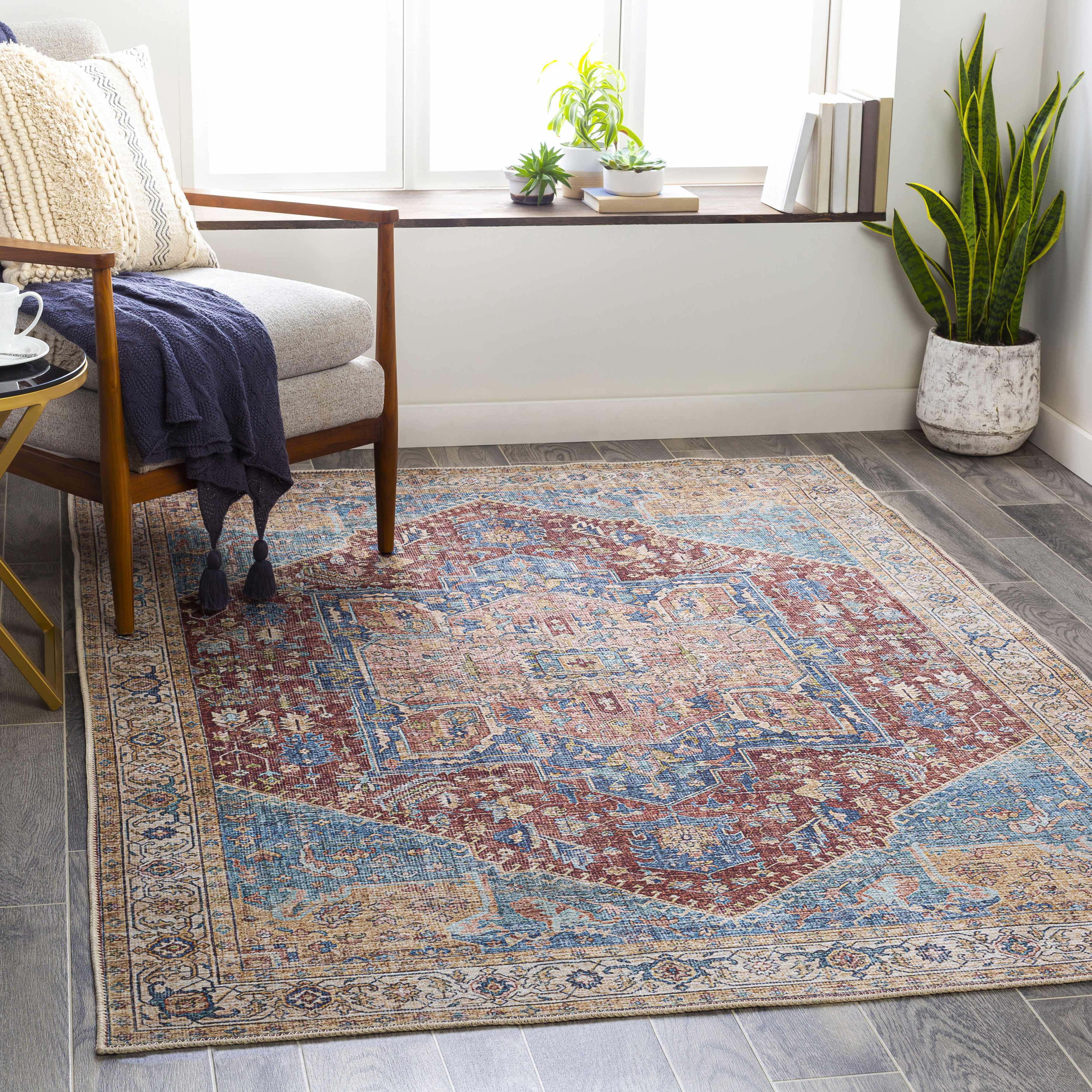 Traditional washable runner rug in blue and brick red flatweave with distressed medallion pattern — view 3