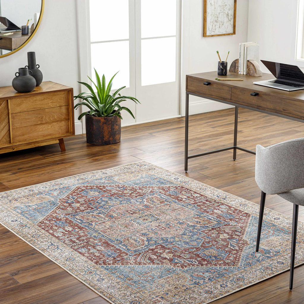 Traditional washable runner rug in blue and brick red flatweave with distressed medallion pattern — view 2
