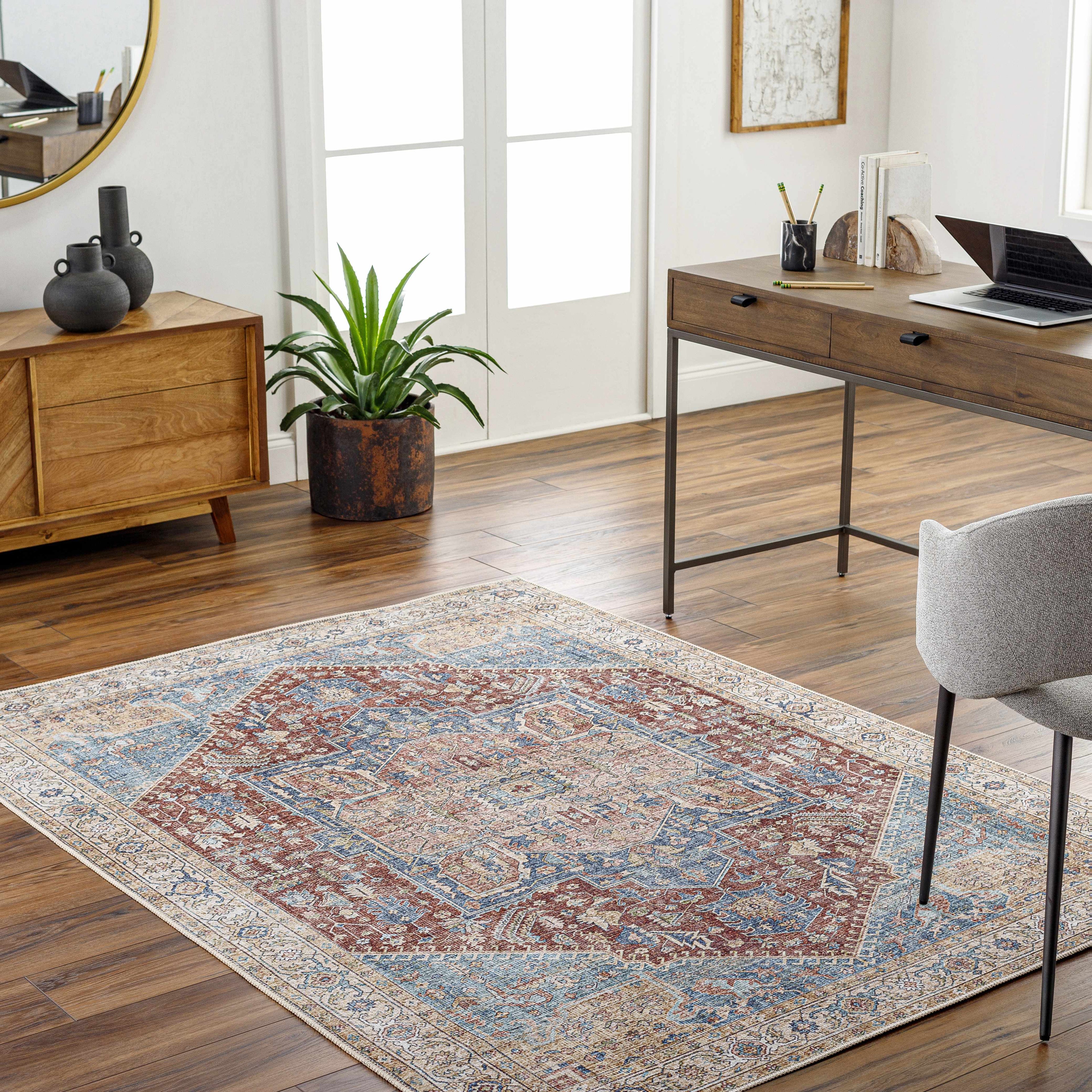 Traditional washable runner rug in blue and brick red flatweave with distressed medallion pattern — view 2