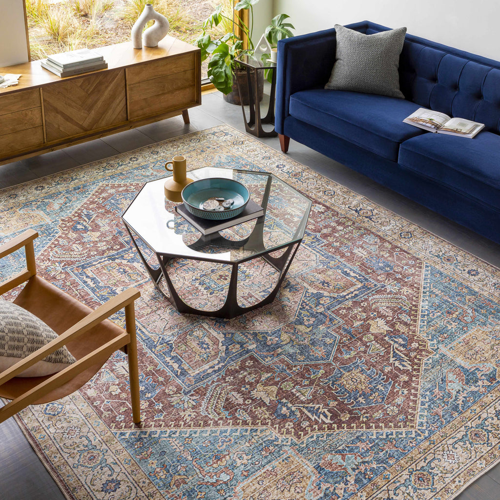 Traditional washable runner rug in blue and brick red flatweave with distressed medallion pattern — view 4