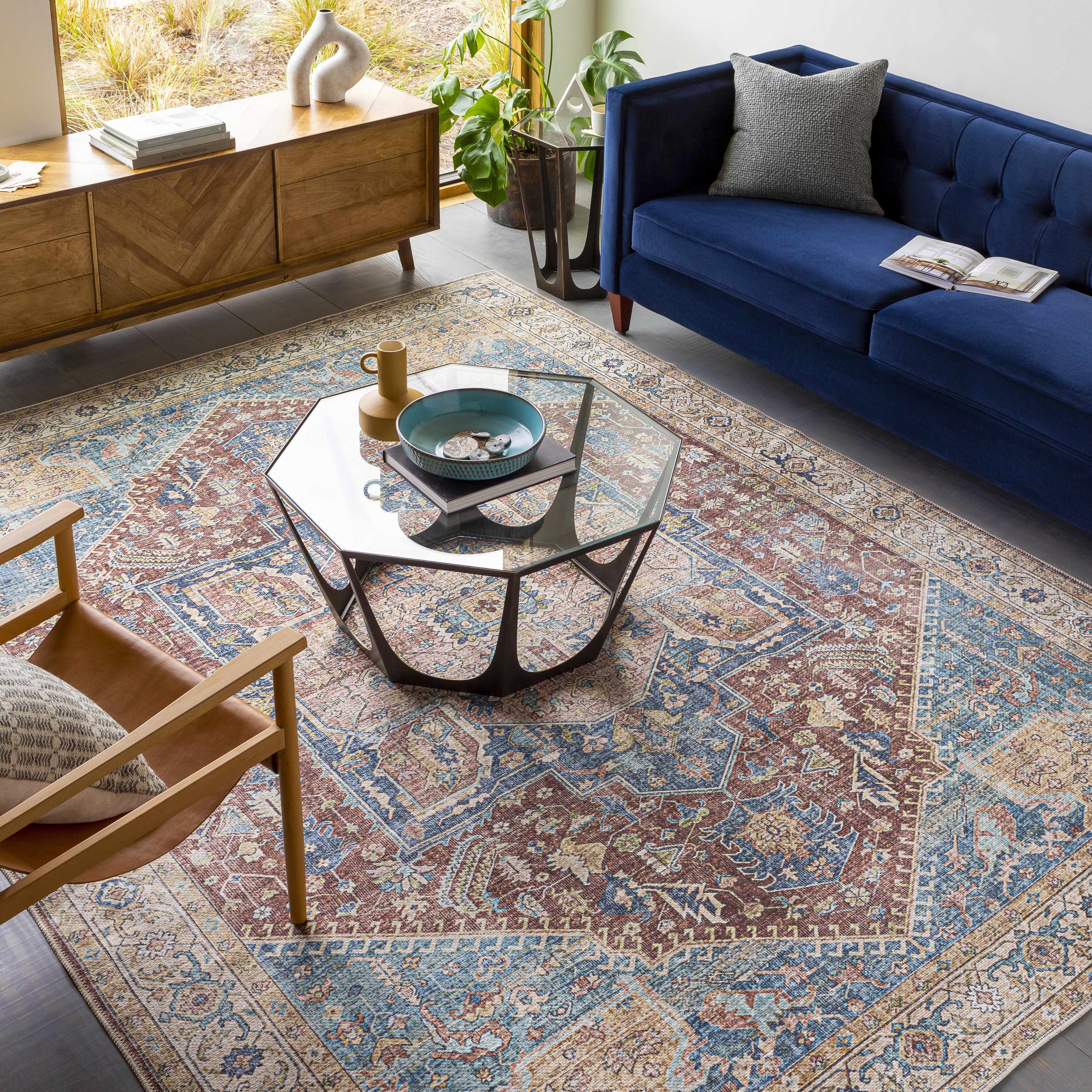 Traditional washable runner rug in blue and brick red flatweave with distressed medallion pattern — view 4