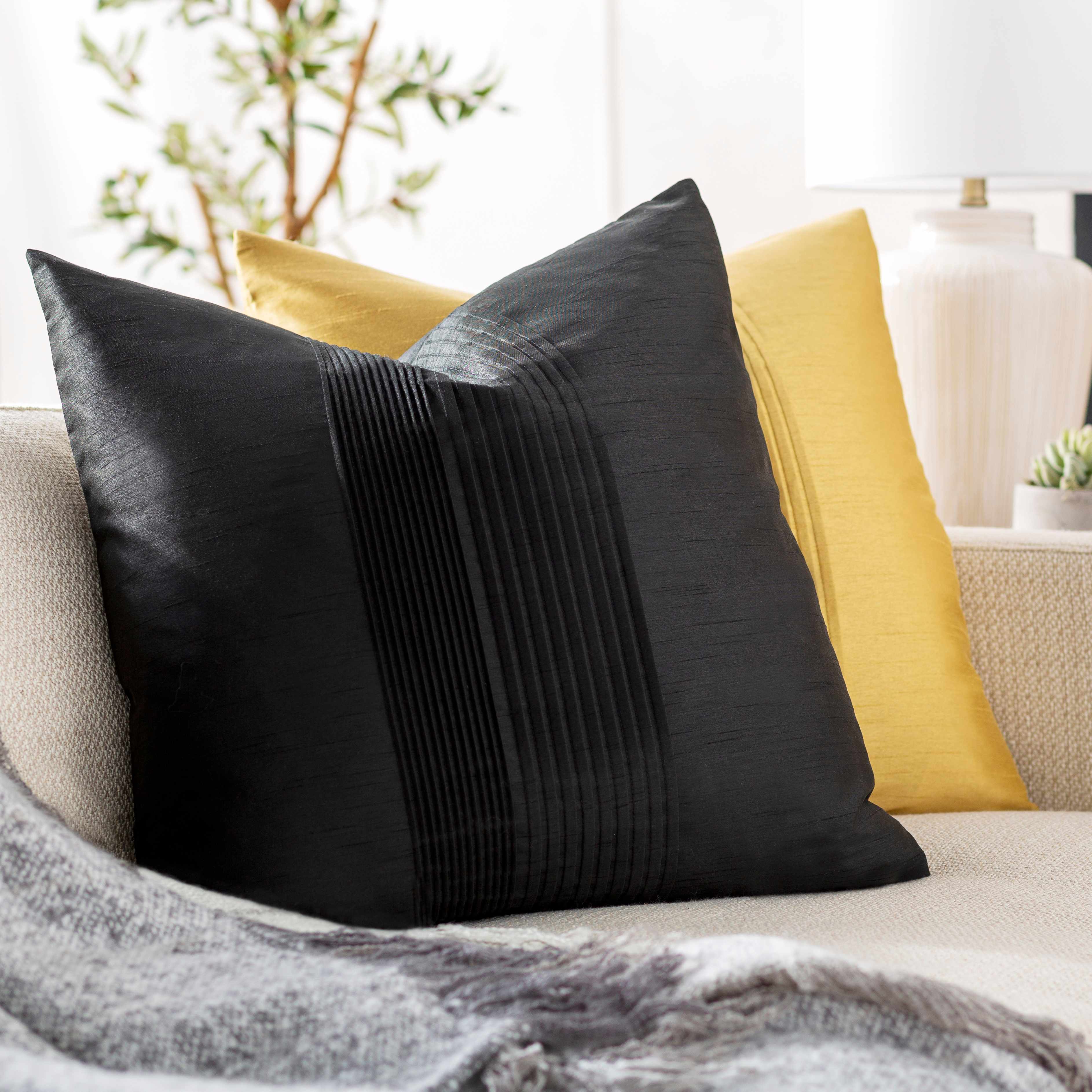 Compton black square throw pillow with a woven polyester texture for comfortable and stylish home decor. — view 4