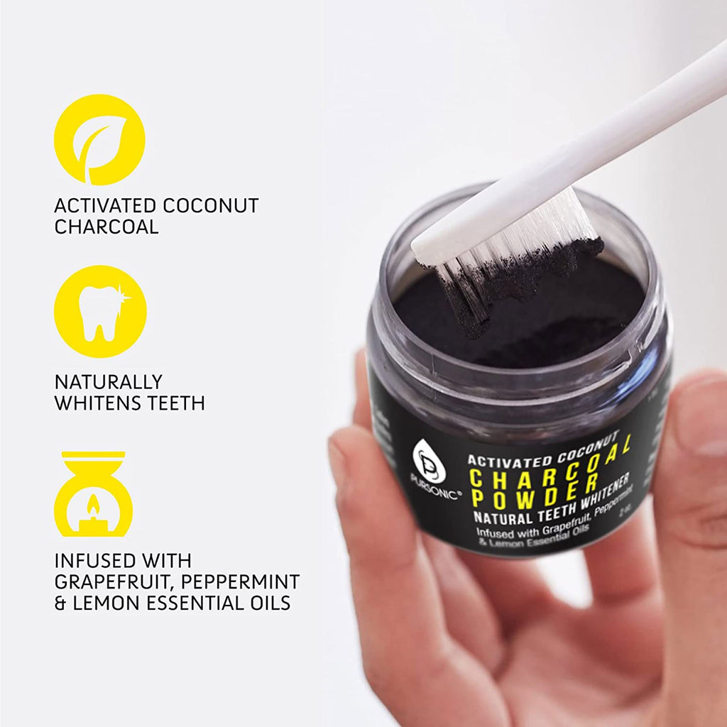 Natural Radiance Combo: Activated Coconut Charcoal Powder Natural Teeth Whitener + 100% Eco-friendly Cedarwood Toothbrushes (6 Pack)-2