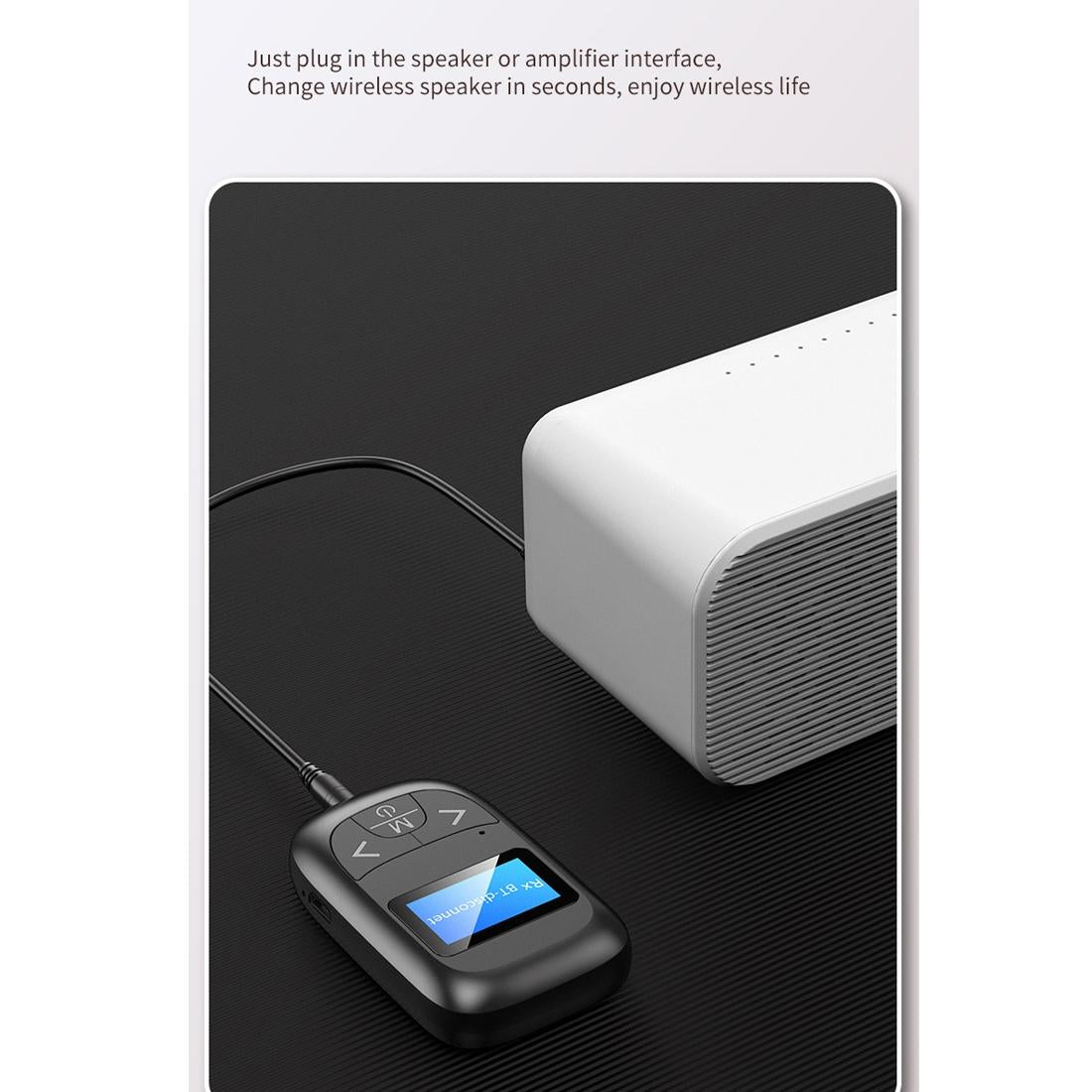 Black 2-in-1 Bluetooth adapter receiver and transmitter with LCD screen and 3.5mm jack — view 2