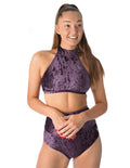 Women's velvet halter top sports bra with high neck, double front, and secure chest band