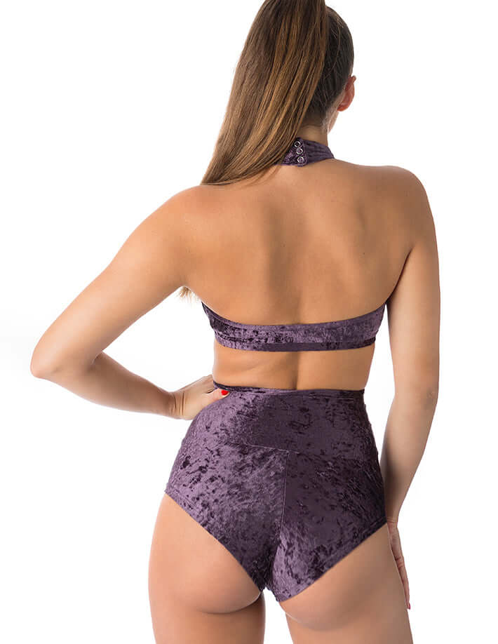 Women's velvet halter top sports bra with high neck, double front, and secure chest band — view 2