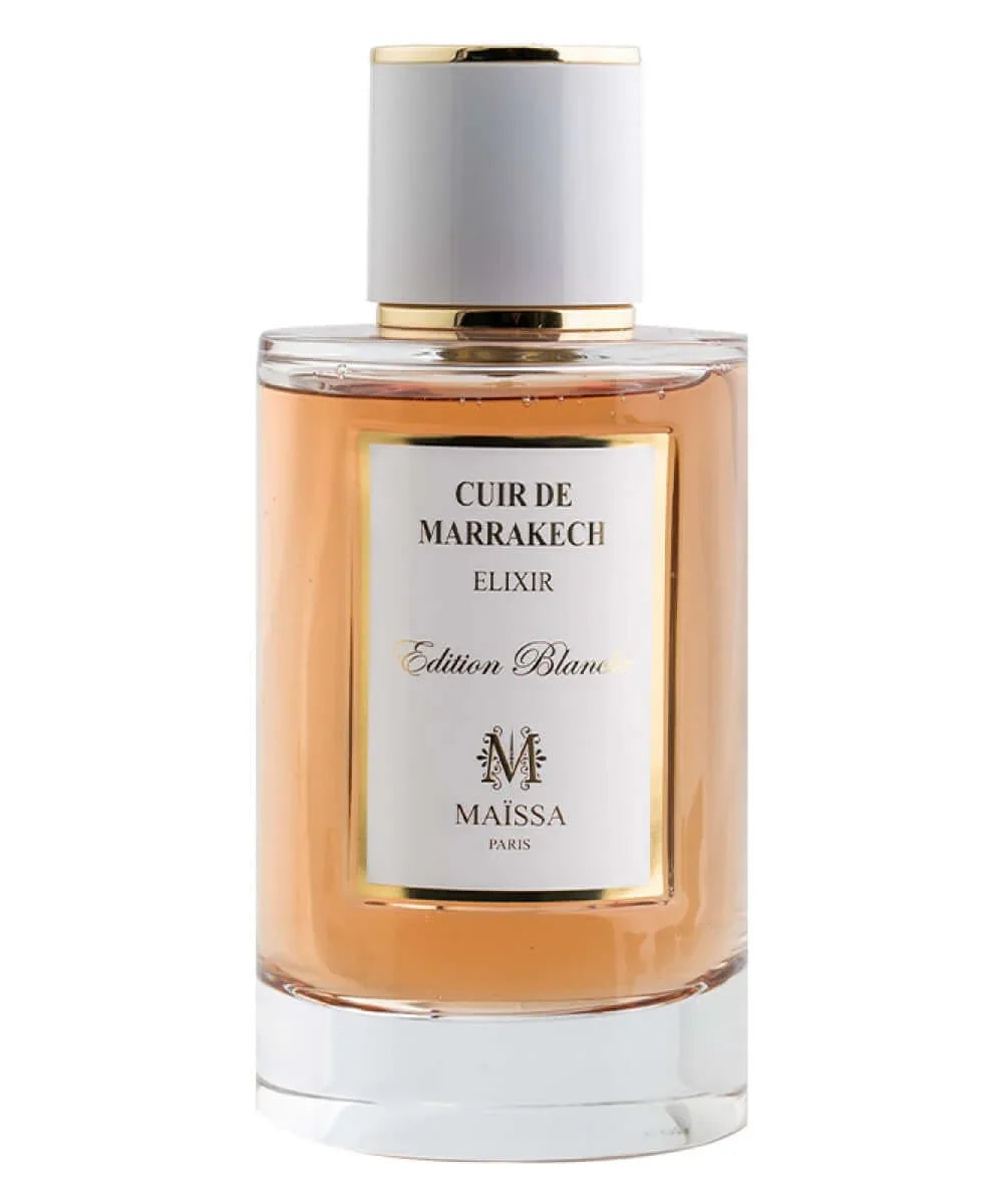 100ml glass bottle of Cuir de Marrakech Maïssa oriental leather perfume on a clean background