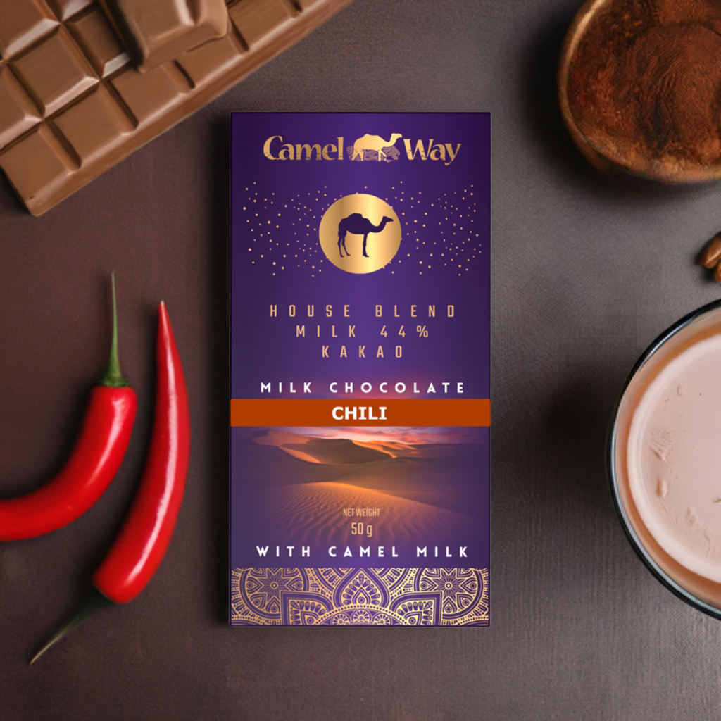Handmade camel milk chocolate with chilli bar in premium artisanal packaging