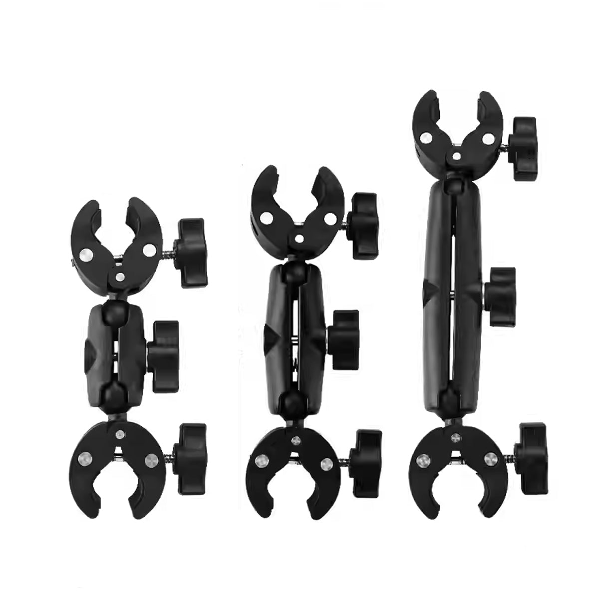 Black adjustable outdoor cycling camera clamp and phone mount attached to a bicycle handlebar — view 2