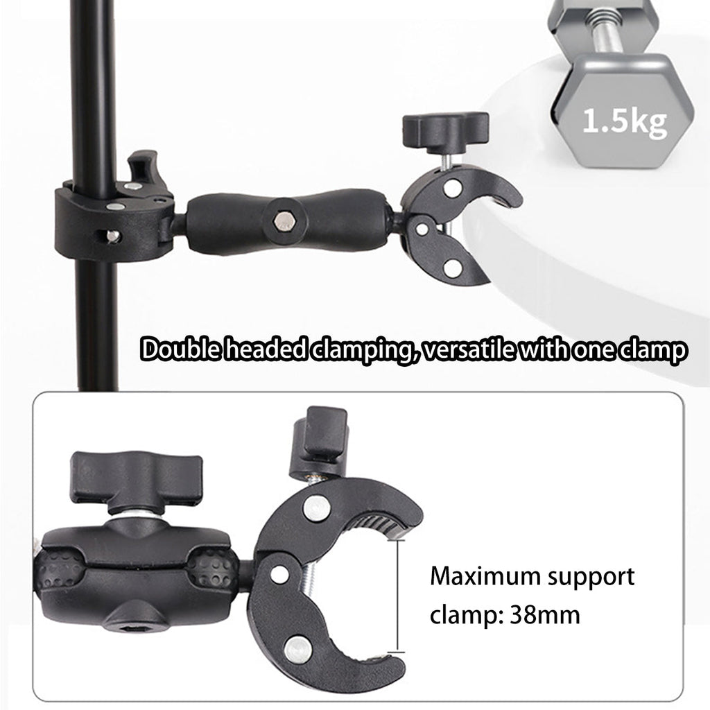 Black adjustable outdoor cycling camera clamp and phone mount attached to a bicycle handlebar — view 4