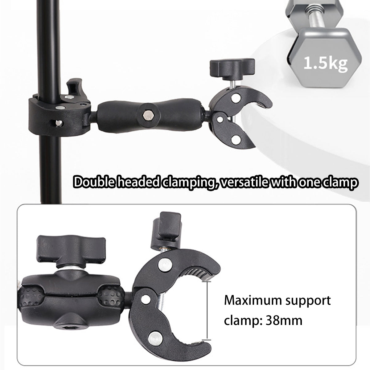 Black adjustable outdoor cycling camera clamp and phone mount attached to a bicycle handlebar — view 4