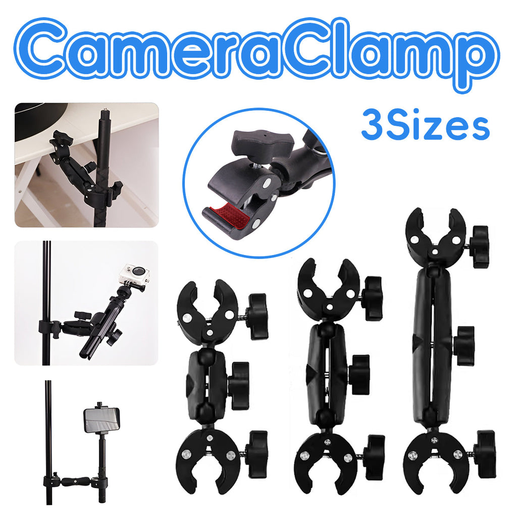 Black adjustable outdoor cycling camera clamp and phone mount attached to a bicycle handlebar