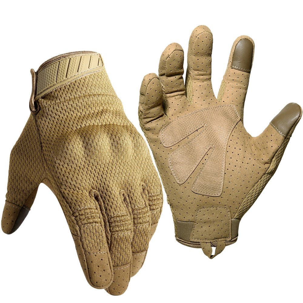 Tactical outdoor sports gloves with carbon fiber knuckles and padded microfiber palms in rugged terrain