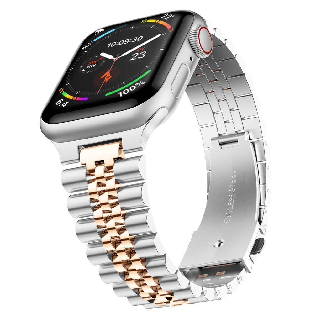 Stainless steel link bracelet Apple Watch band in silver and rose gold tone with butterfly clasp