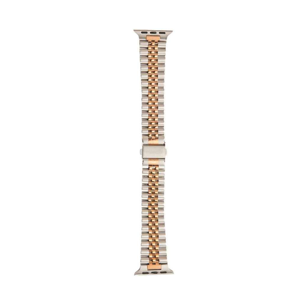 Stainless steel link bracelet Apple Watch band in silver and rose gold tone with butterfly clasp — view 2