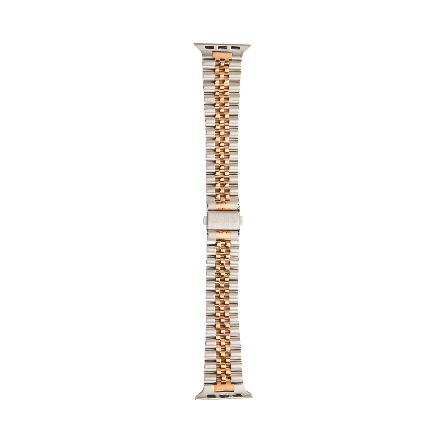 Stainless steel link bracelet Apple Watch band in silver and rose gold tone with butterfly clasp — view 2