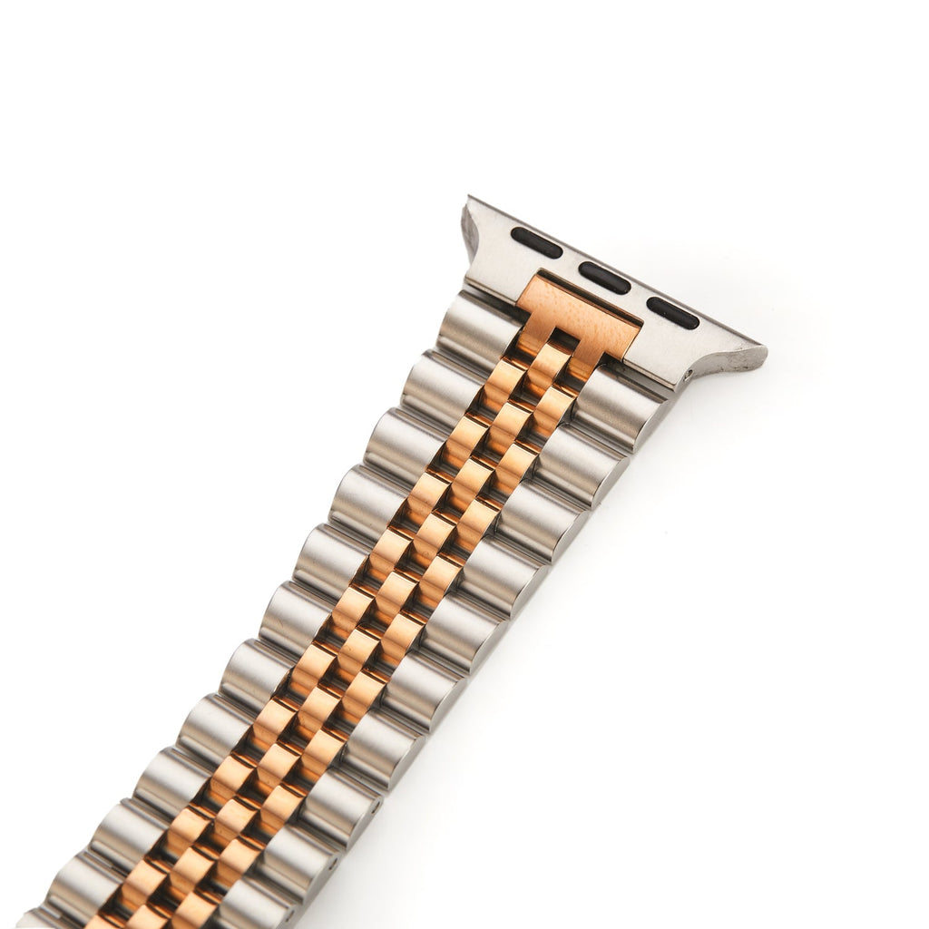 Stainless steel link bracelet Apple Watch band in silver and rose gold tone with butterfly clasp — view 3