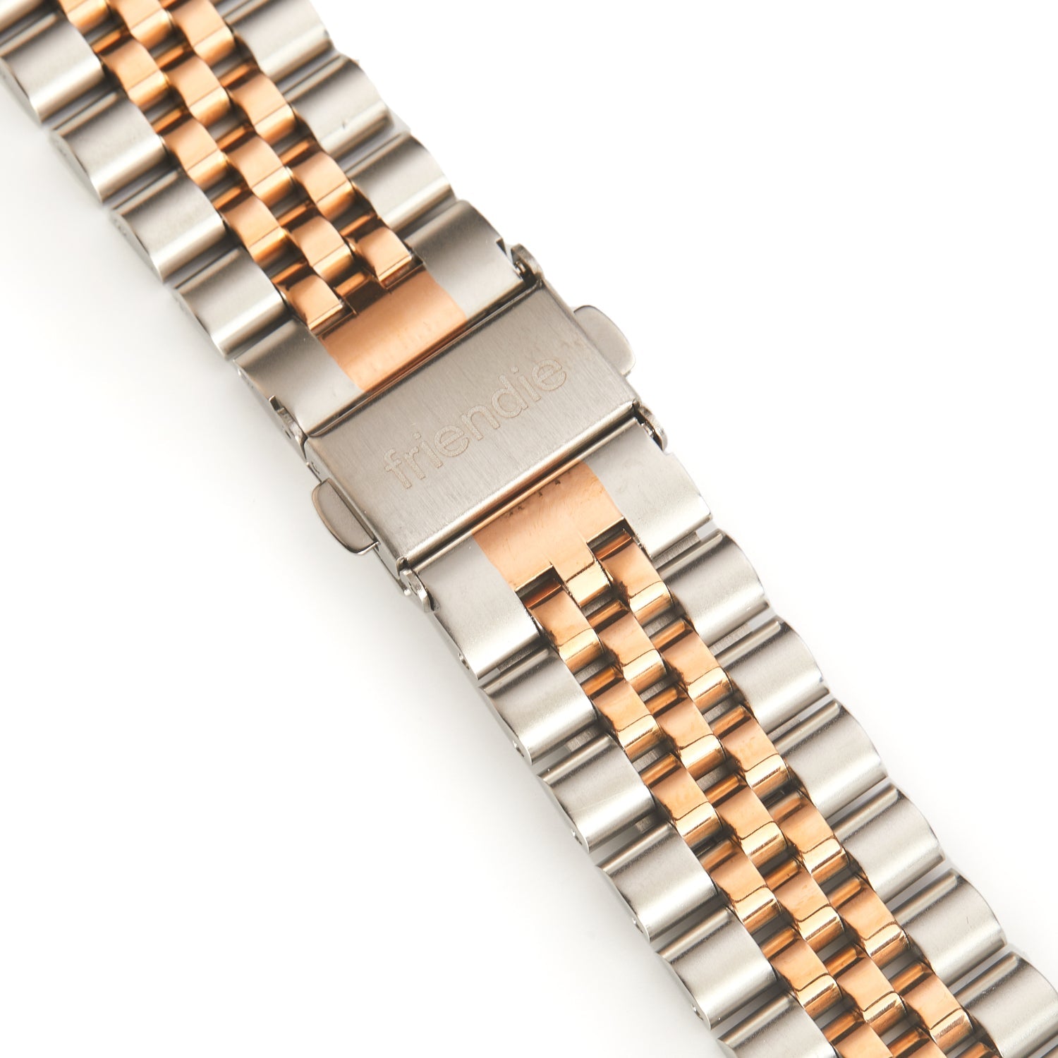 Stainless steel link bracelet Apple Watch band in silver and rose gold tone with butterfly clasp — view 4