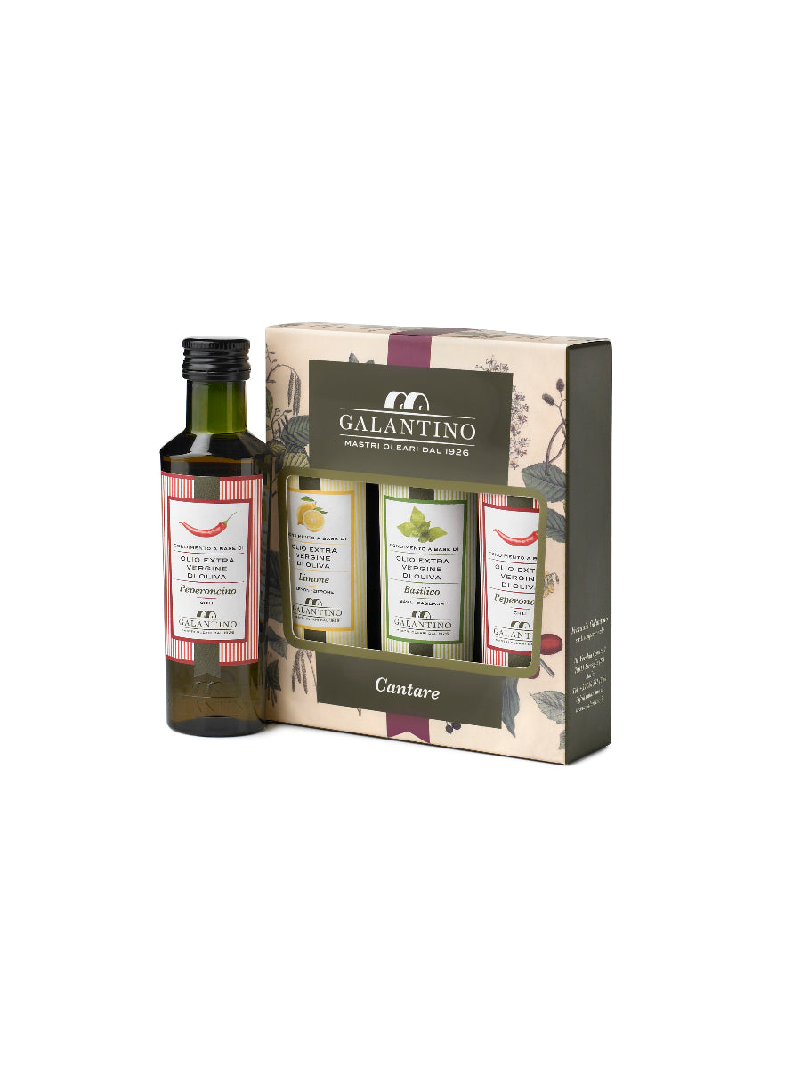 Cantare extra virgin olive oil gift set featuring three 100ml bottles in artistic Italian packaging
